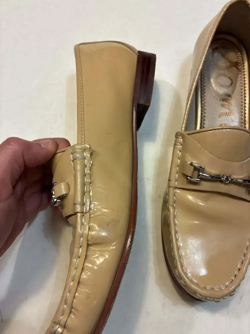 Sam Edelman Beige Patent Leather Horsebit Loafers
